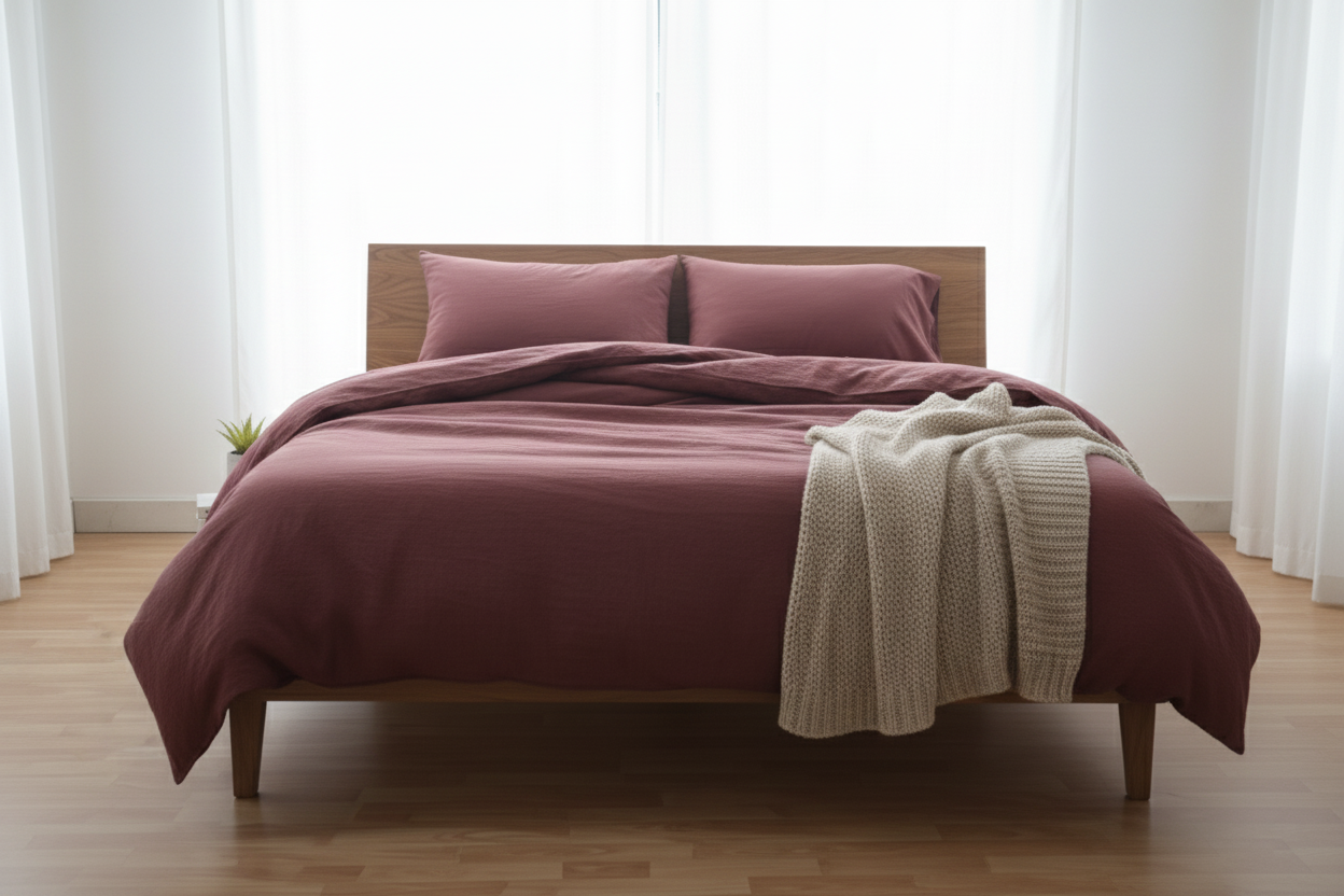 Solid Maroon Cotton Duvet Cover Set | Button Closure Bedding