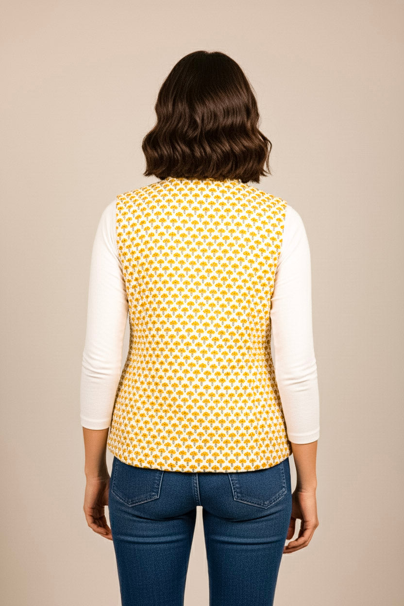 Hand Block Printed Cotton Quilted Jacket – Mustard Floral Motif - Bohoblockprinted