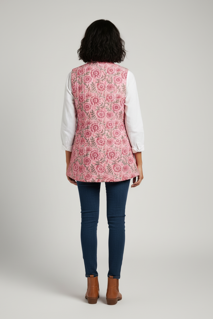 Hand Block Printed Floral Cotton Quilted Jacket - Pink - Bohoblockprinted