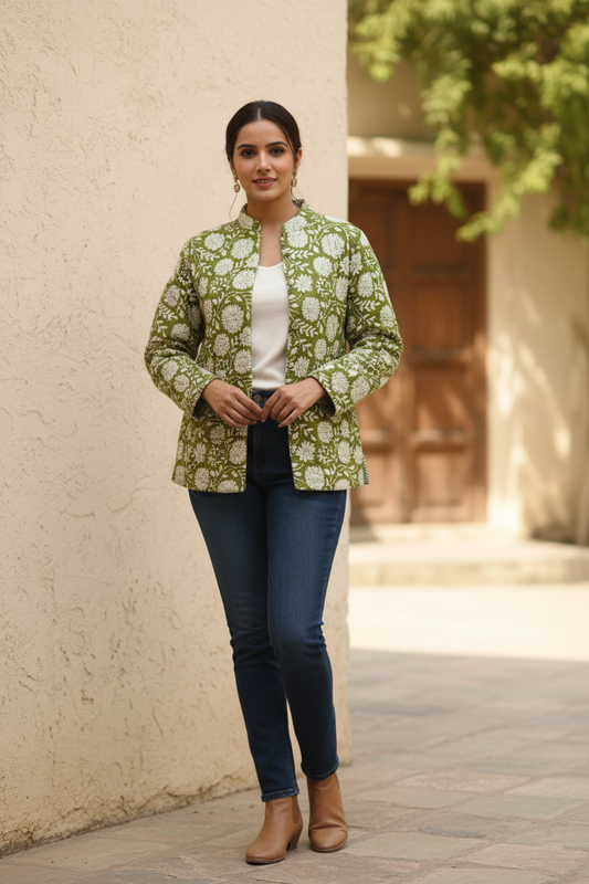 Olive Green Hand Block Printed Cotton Quilted Jacket - Bohoblockprinted