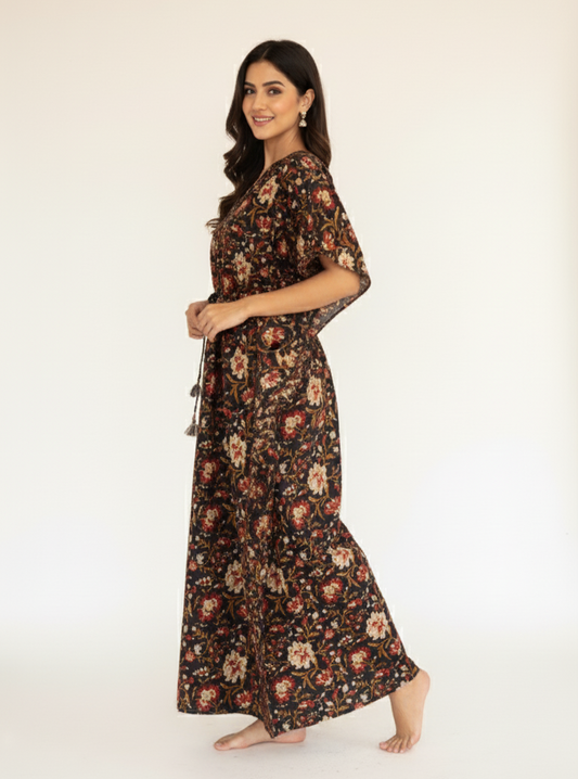 Hand Block Printed Floral Cotton Kaftan