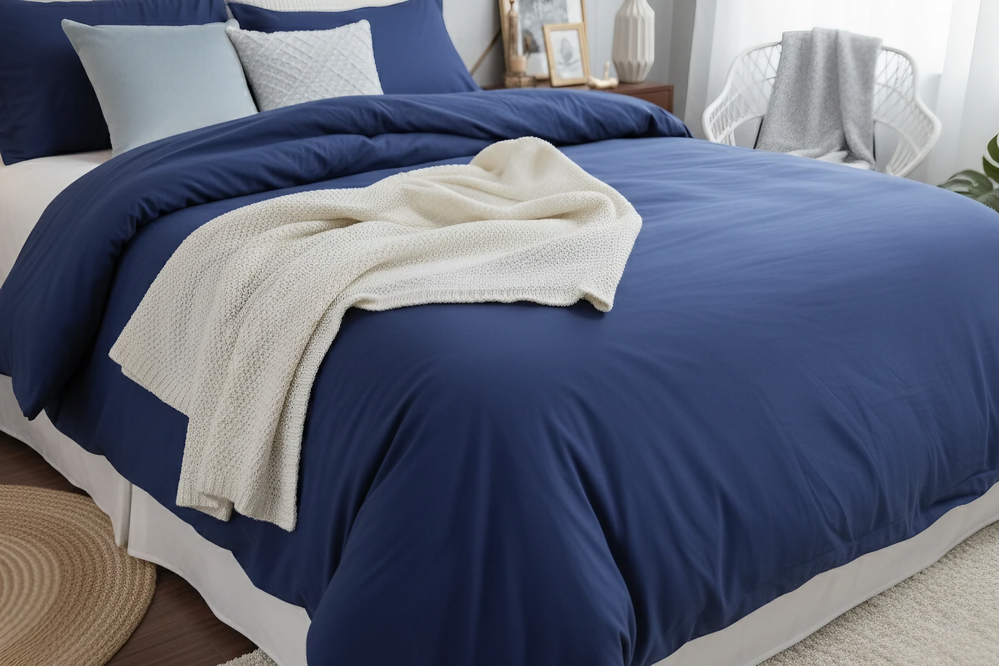 Deep Navy Blue Cotton Duvet Cover Set – 100% Soft Cotton, Breathable & Elegant Bedding with Button Closure