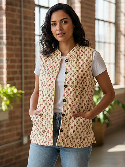 Woman wearing a floral patterned vest indoors with large windows and plants.