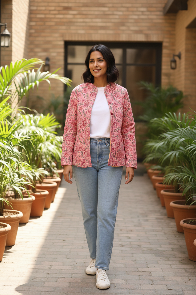 Pink Floral Hand Block Printed Cotton Quilted Jacket - Bohoblockprinted
