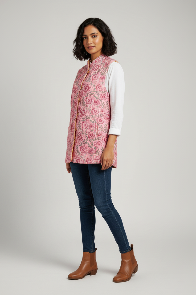 Hand Block Printed Floral Cotton Quilted Jacket - Pink - Bohoblockprinted