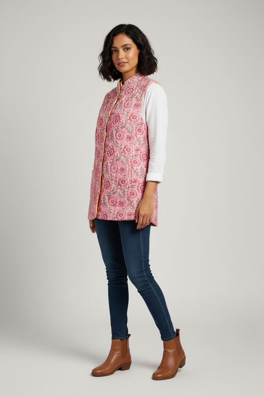 Hand Block Printed Floral Cotton Quilted Jacket - Pink - Bohoblockprinted