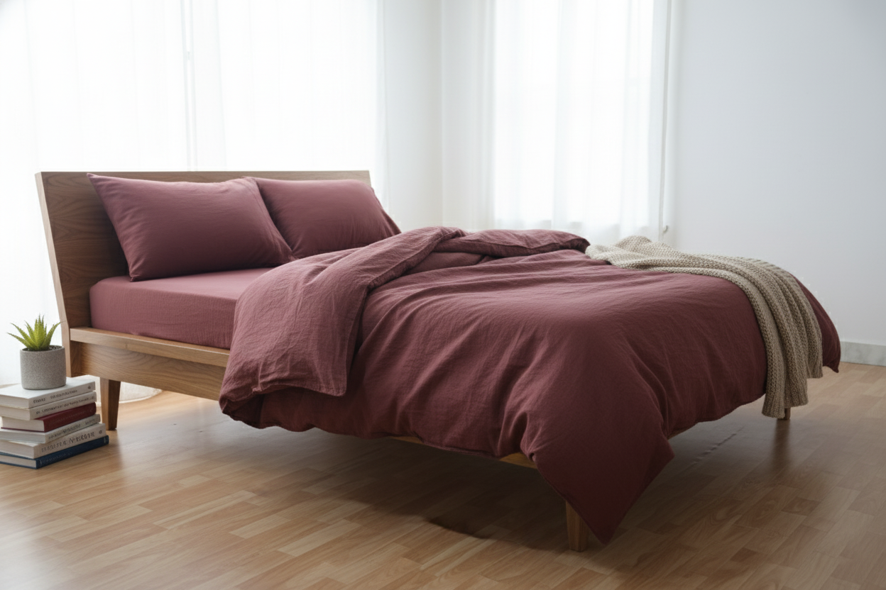 Solid Maroon Cotton Duvet Cover Set | Button Closure Bedding