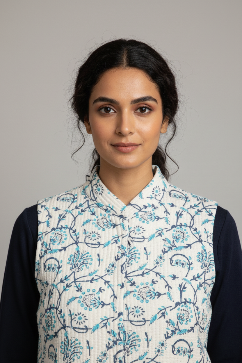 Printed Floral Cotton Quilted Jacket - White & blue - Bohoblockprinted