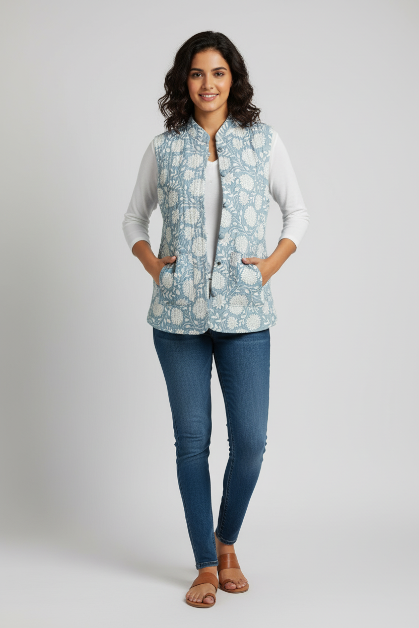 Hand Block Printed Floral Cotton Quilted Jacket – Sky Blue - Bohoblockprinted