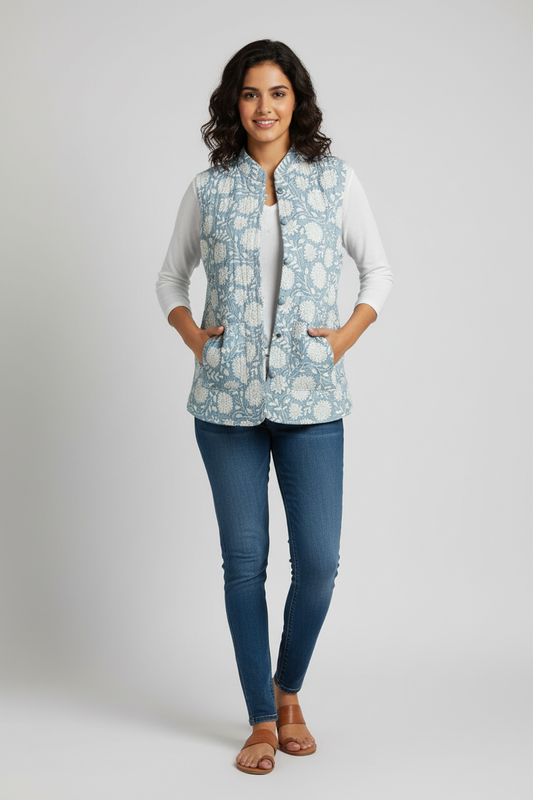 Hand Block Printed Floral Cotton Quilted Jacket – Sky Blue - Bohoblockprinted