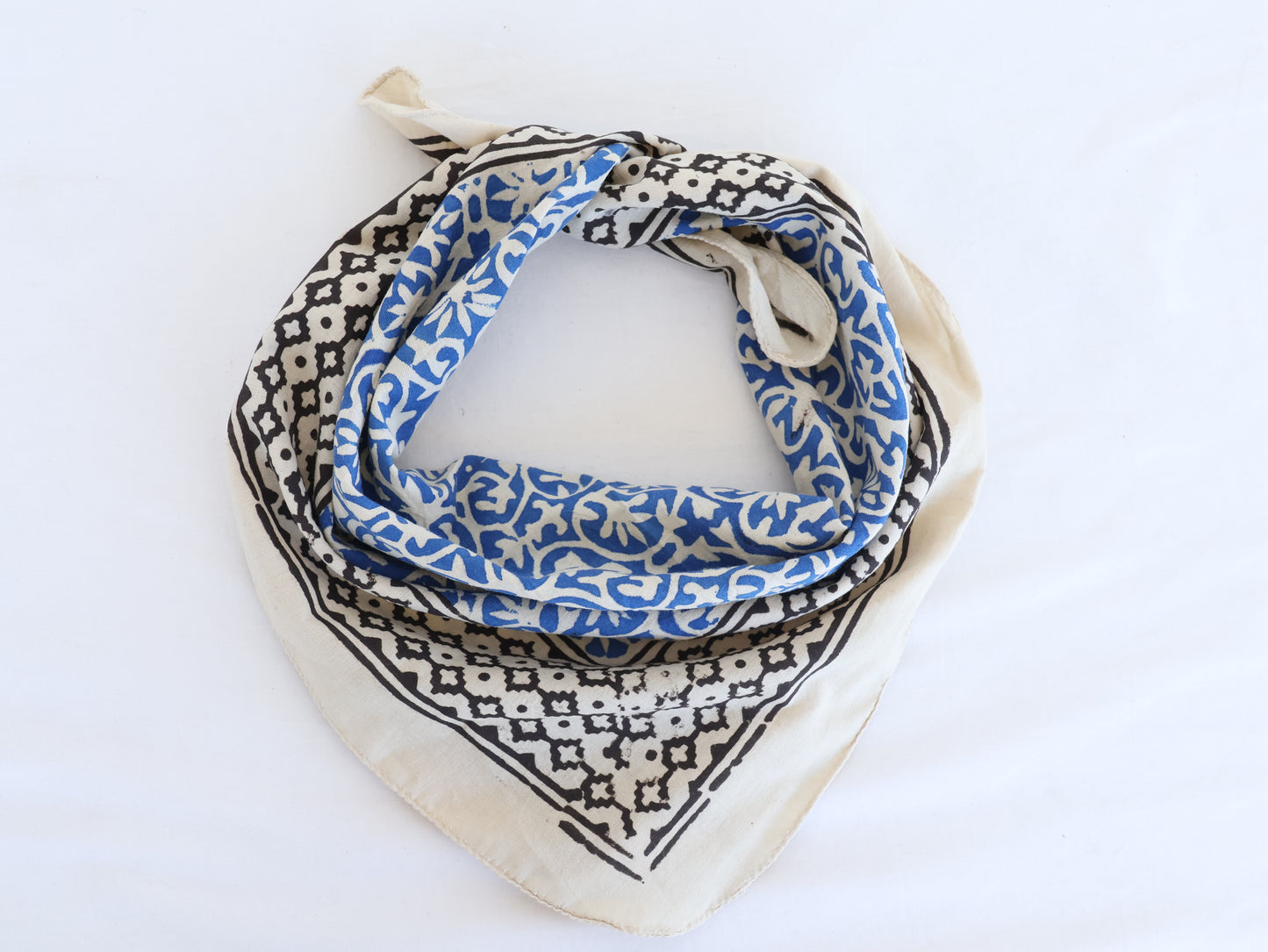 Blue Block Printed Cotton Bandana | Boho Floral & Geometric Scarf