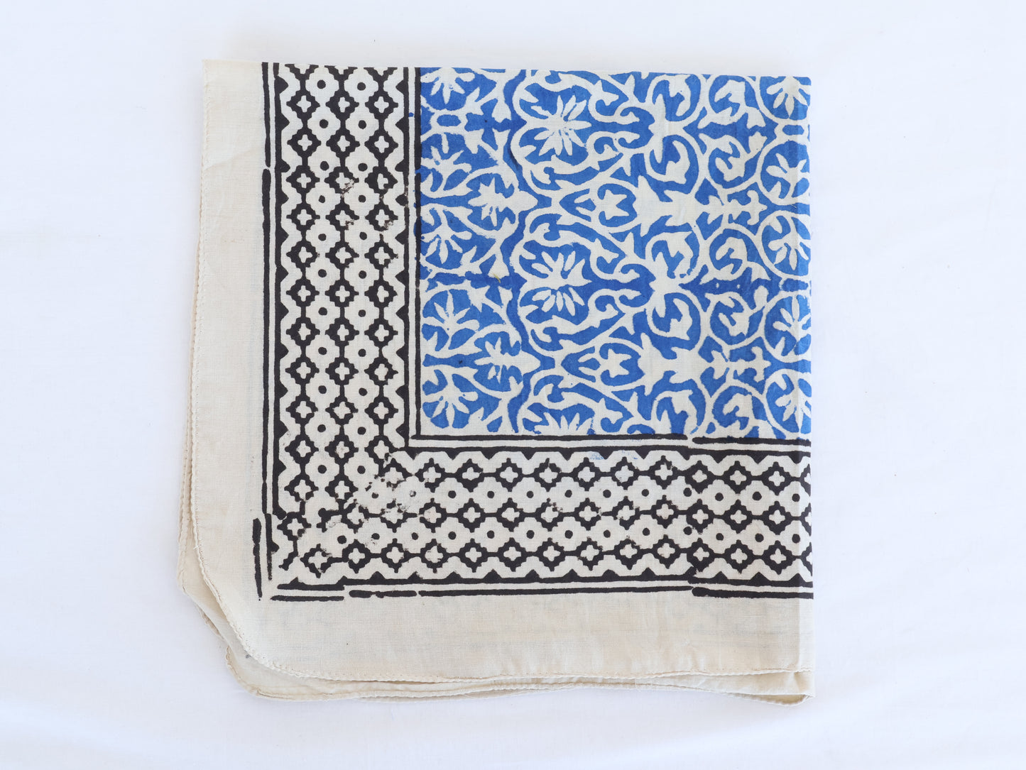 Blue Block Printed Cotton Bandana | Boho Floral & Geometric Scarf