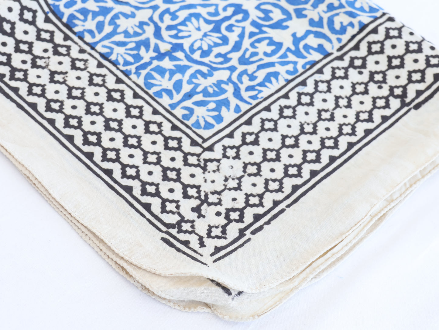 Blue Block Printed Cotton Bandana | Boho Floral & Geometric Scarf
