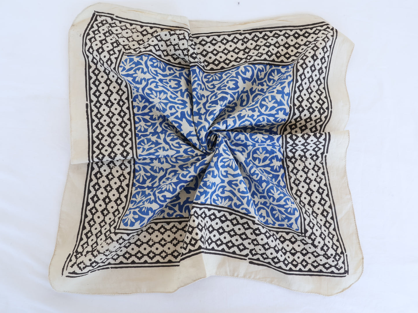 Blue Block Printed Cotton Bandana | Boho Floral & Geometric Scarf