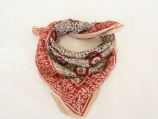 Boho red floral block print square scarf cotton fabric