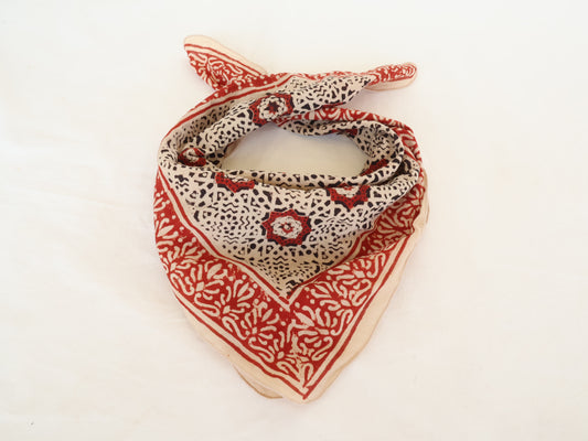 Hand block printed red floral tile cotton bandana folded