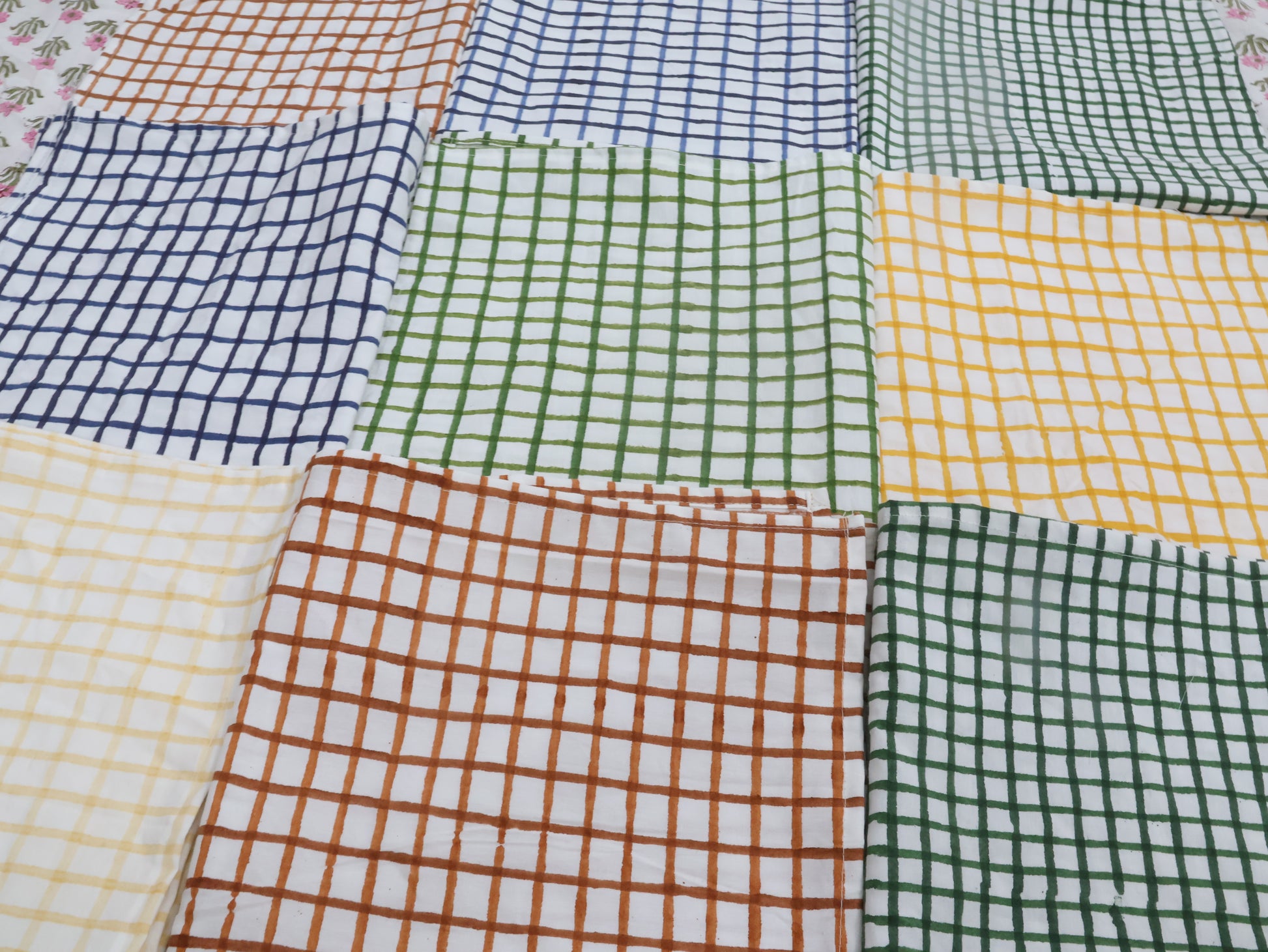 Assorted Hand Block Printed Cotton Napkin Set Reusable Dinner Napkins Check Pattern - Bohoblockprinted