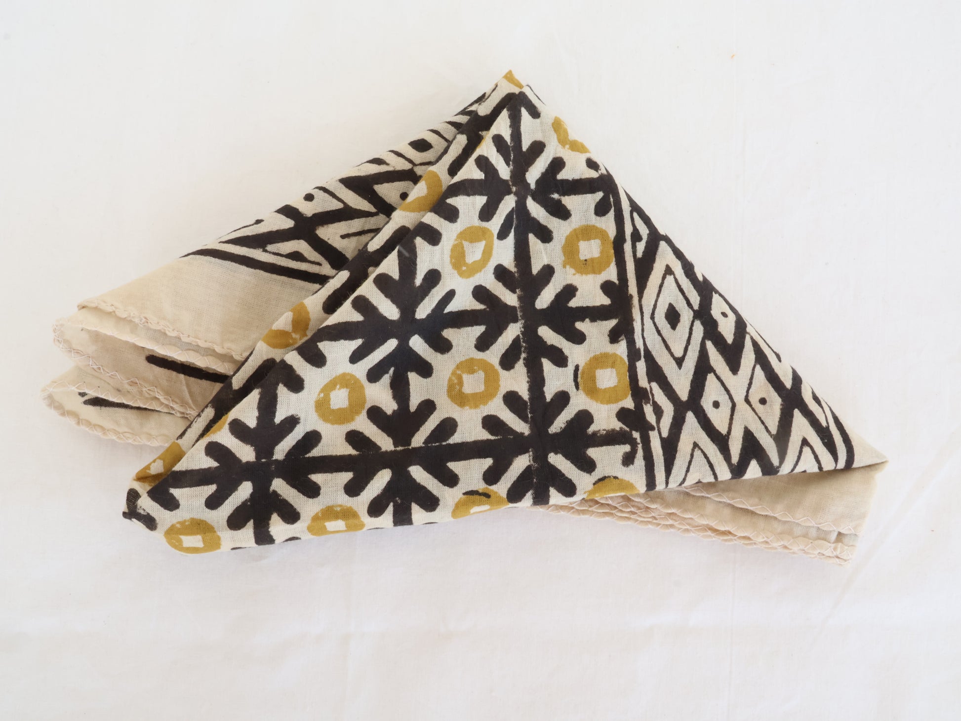 Hand block printed cotton bandana in black and mustard