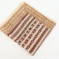 Hand block printed beige and red cotton bandana with tribal motifs, square shape.