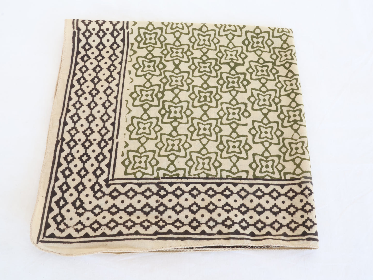 Olive green floral block print cotton bandana