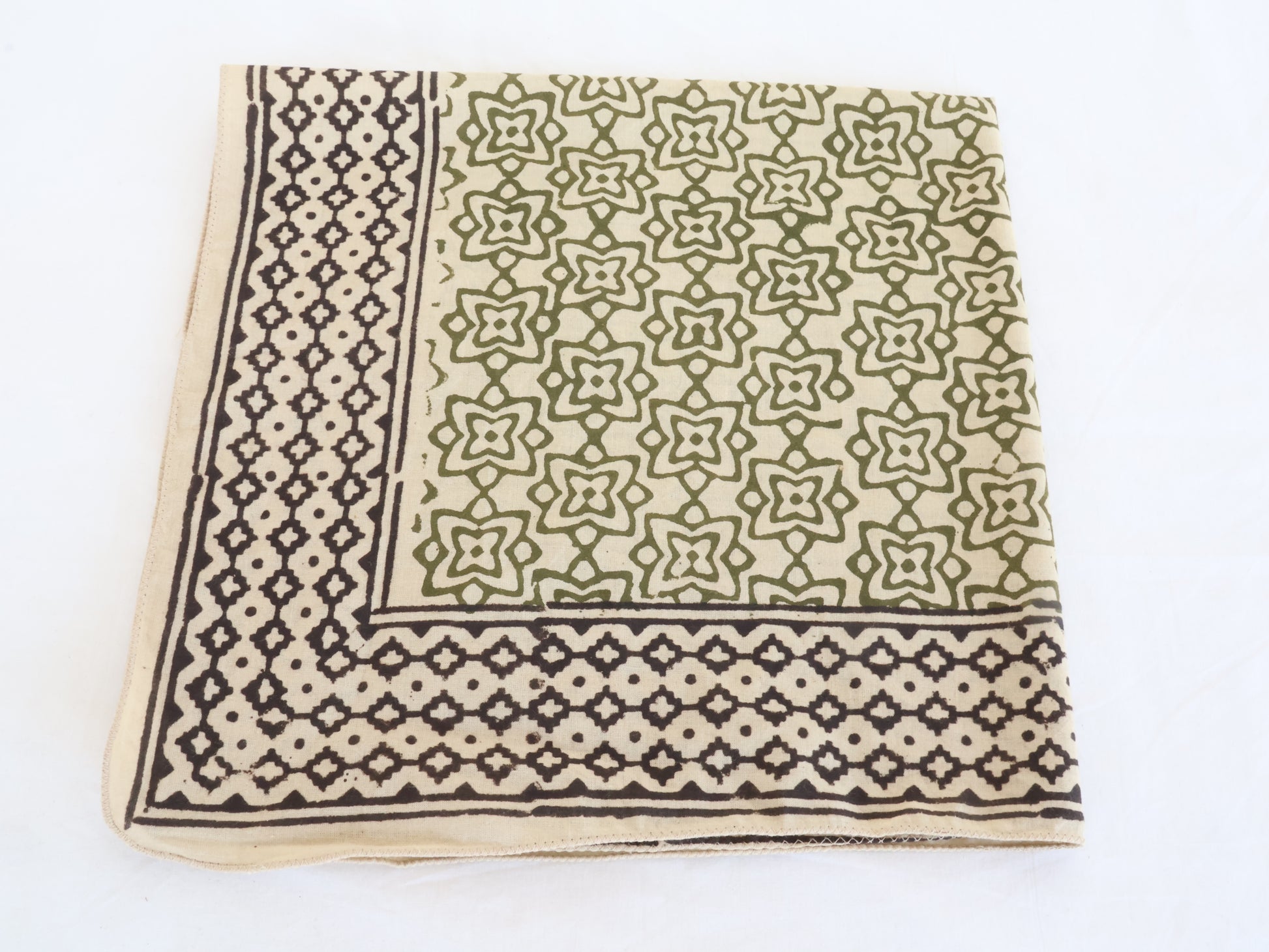 Olive green floral block print cotton bandana