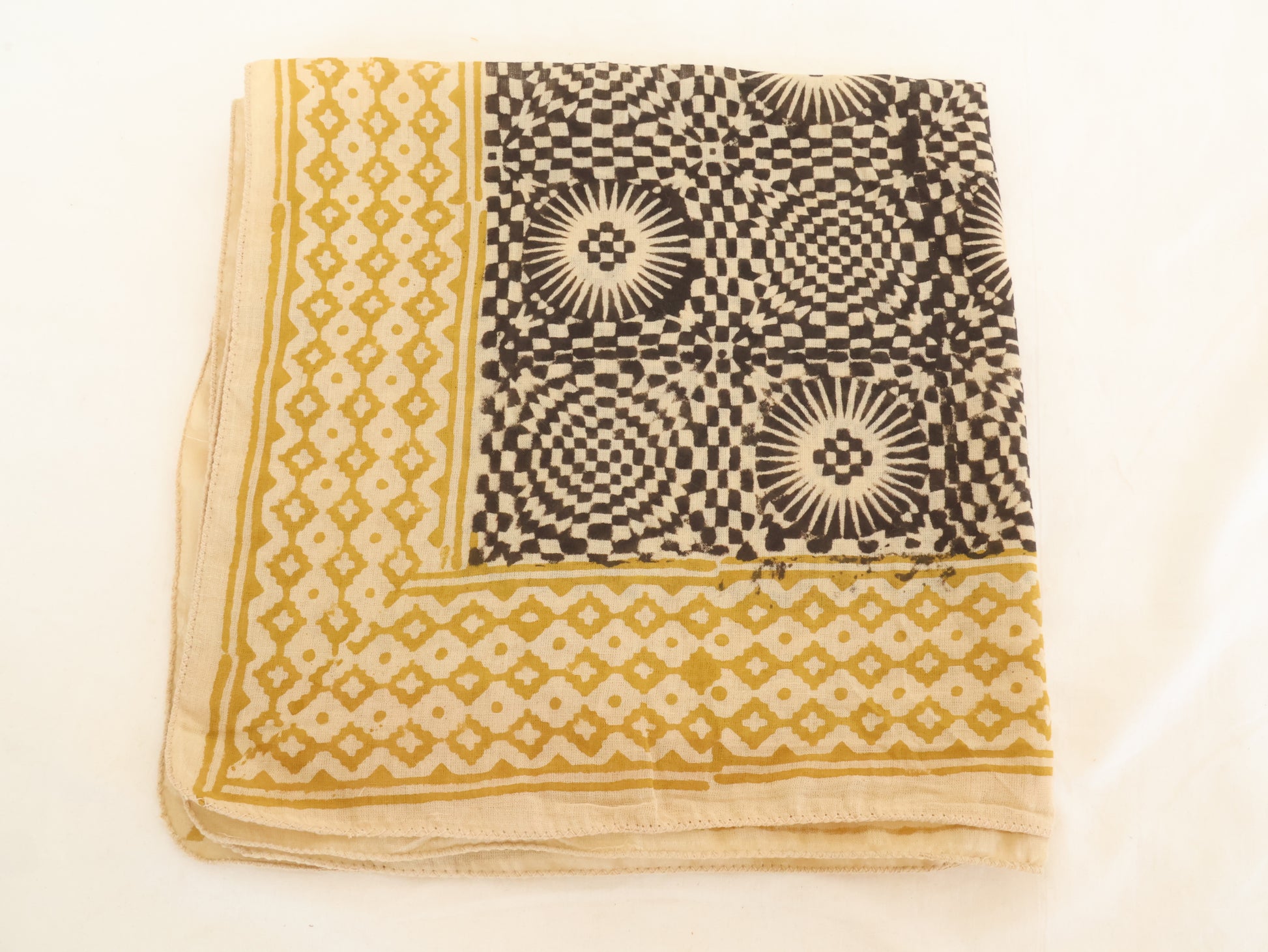 Hand block printed mustard and black geometric bandana