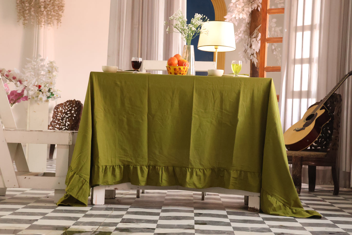 Olive Green Ruffled Cotton Tablecloth