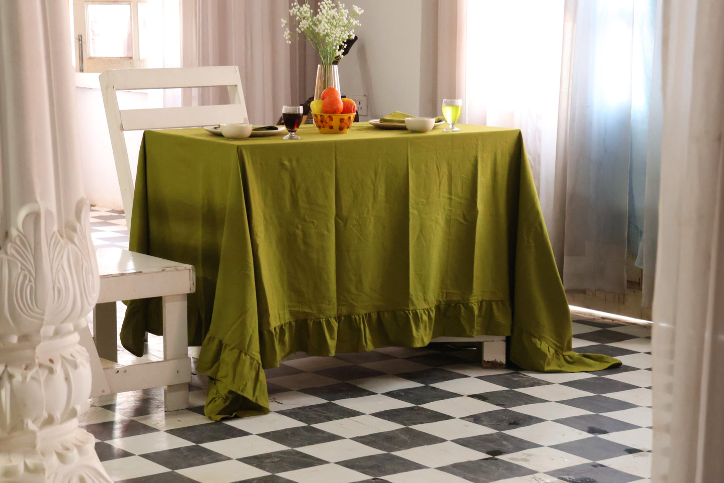 Olive Green Ruffled Cotton Tablecloth