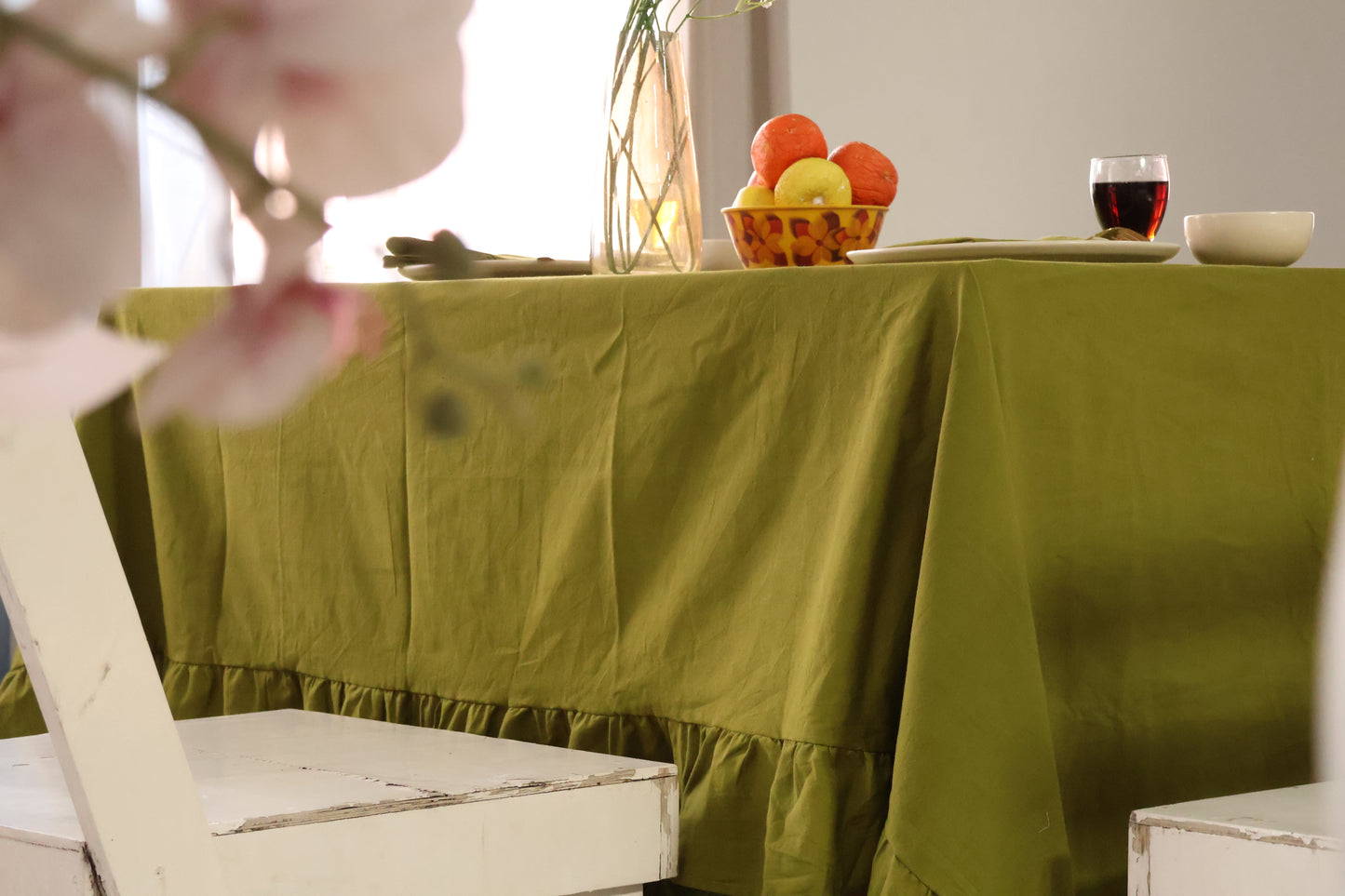 Olive Green Ruffled Cotton Tablecloth