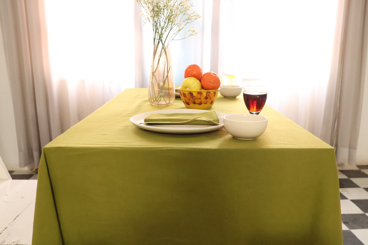 Olive Green Ruffled Cotton Tablecloth