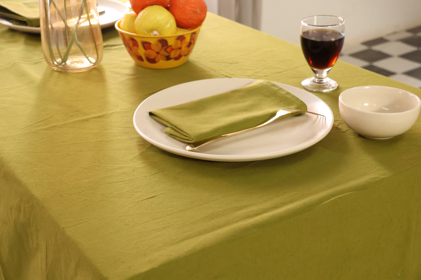 Olive Green Ruffled Cotton Tablecloth