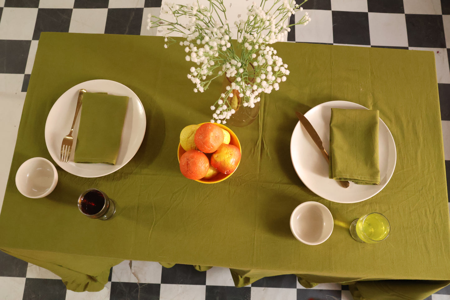 Olive Green Ruffled Cotton Tablecloth