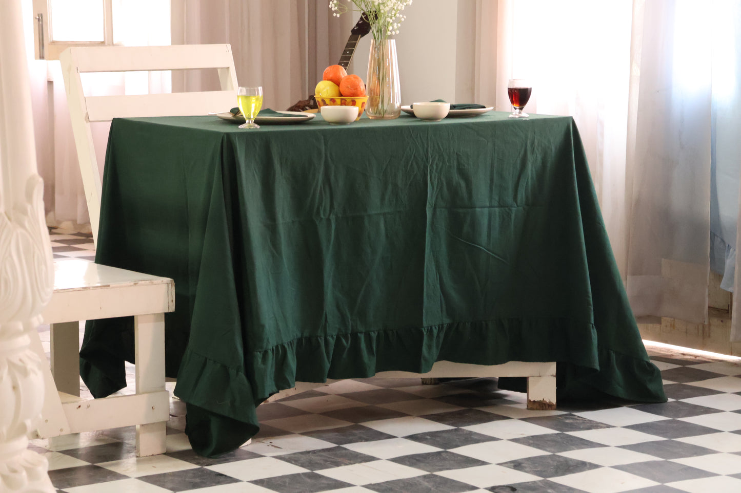 Forest Green Ruffled Cotton Tablecloth