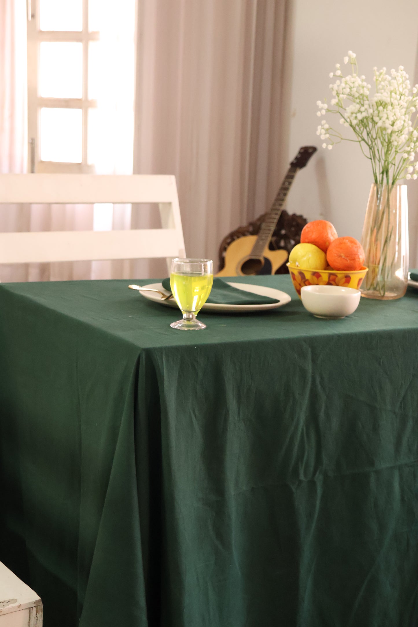 Forest Green Ruffled Cotton Tablecloth