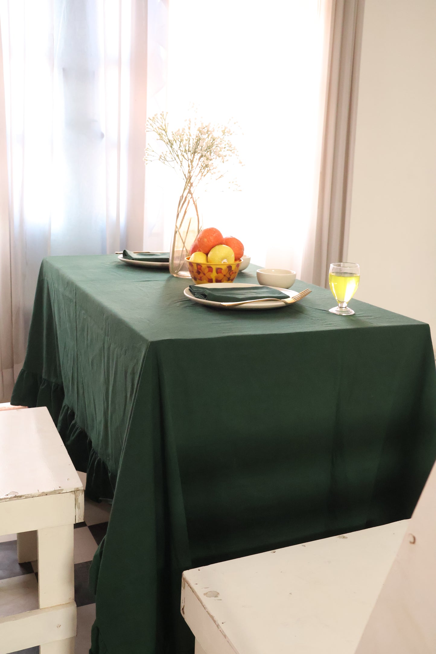 Forest Green Ruffled Cotton Tablecloth