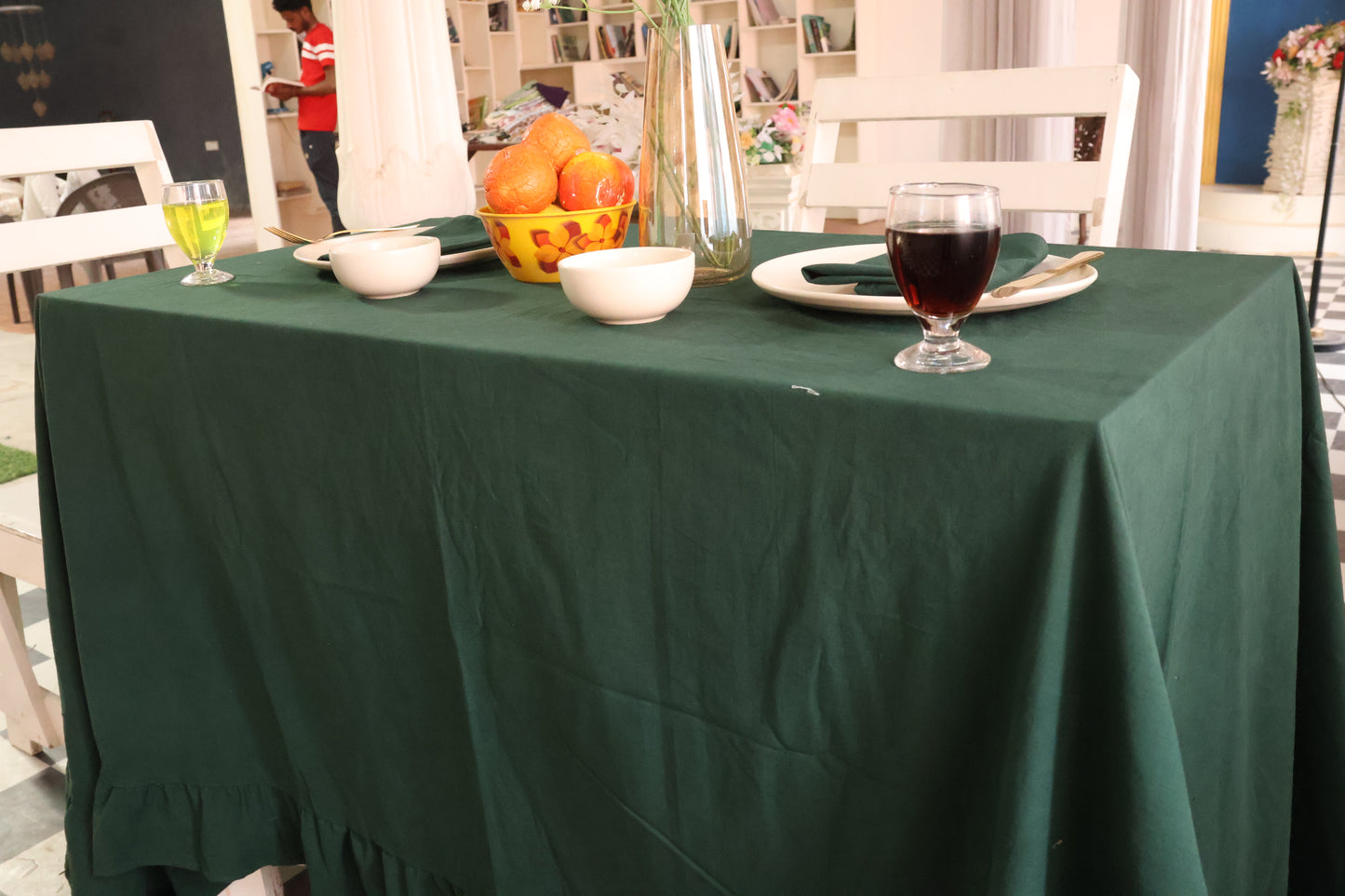 Forest Green Ruffled Cotton Tablecloth