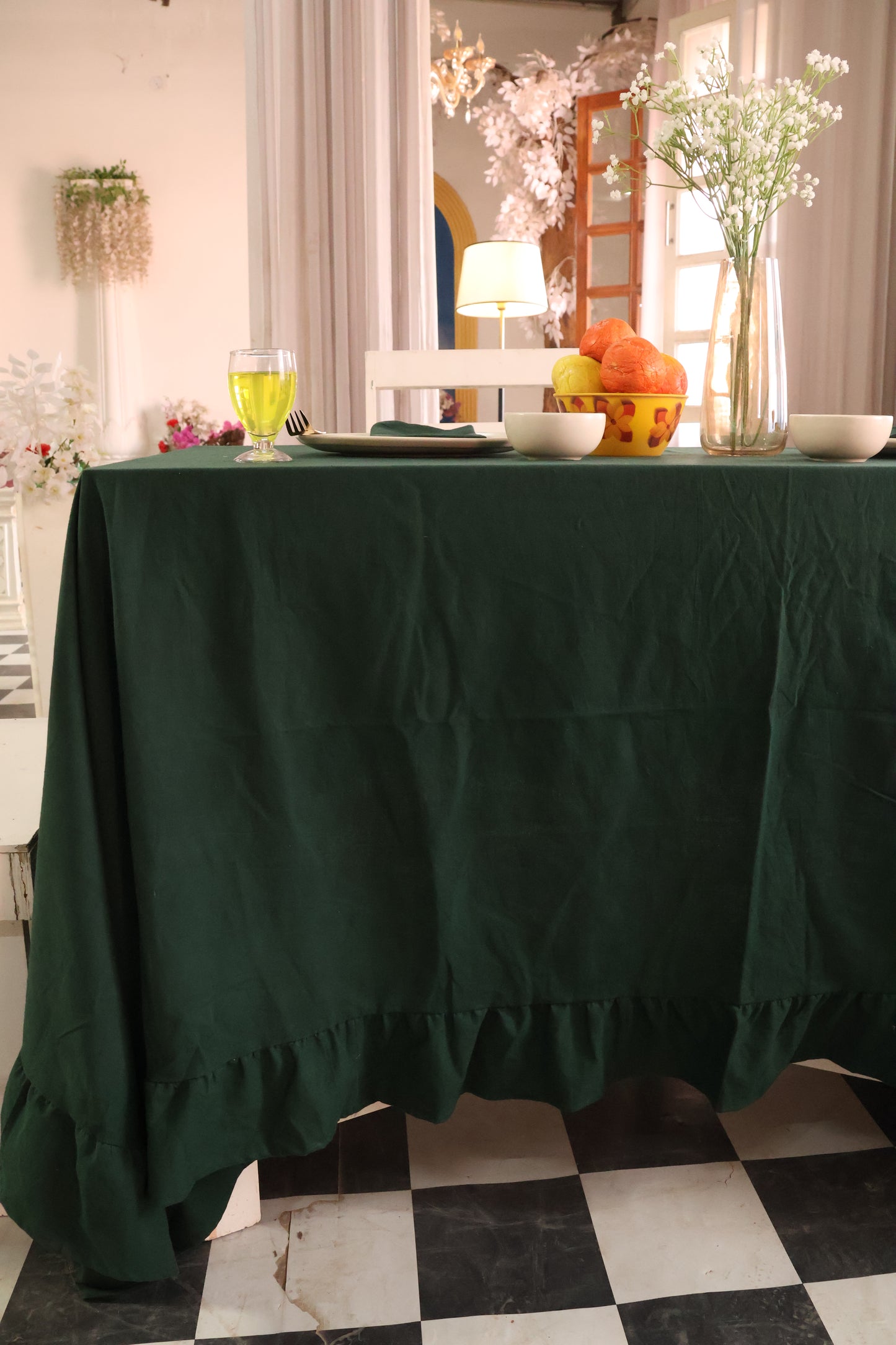 Forest Green Ruffled Cotton Tablecloth