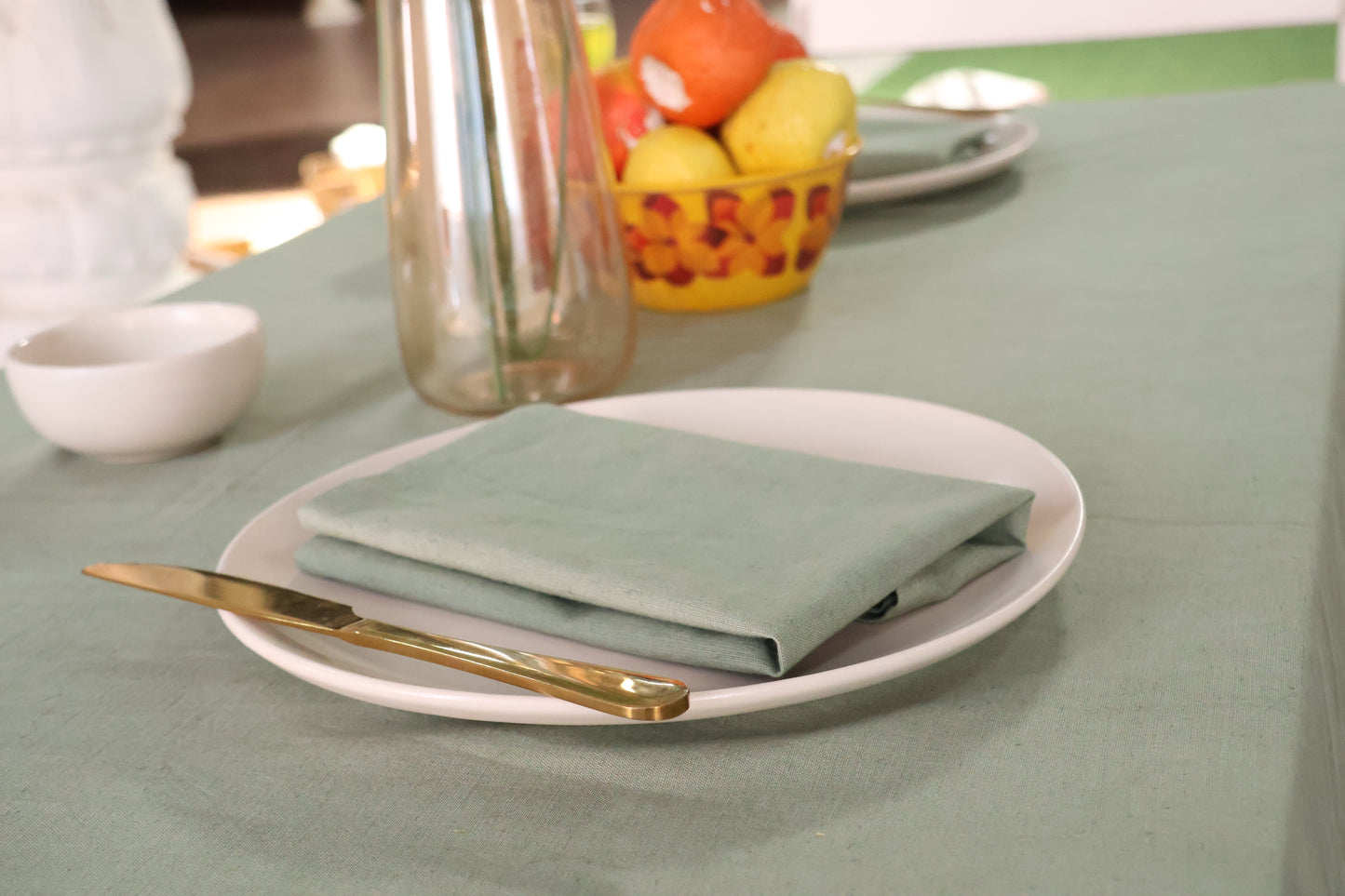Sage Green Ruffled Cotton Tablecloth