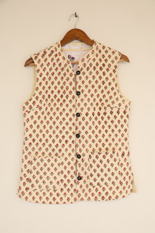 Handblock Printed Cotton Quilted Jacket – Cream with Floral Motif