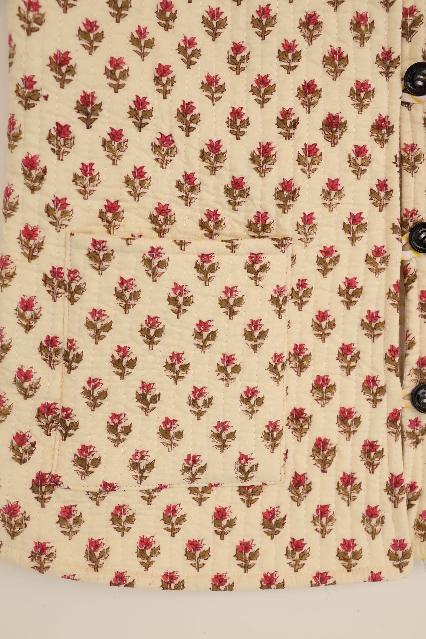 Handblock Printed Cotton Quilted Jacket – Cream with Floral Motif
