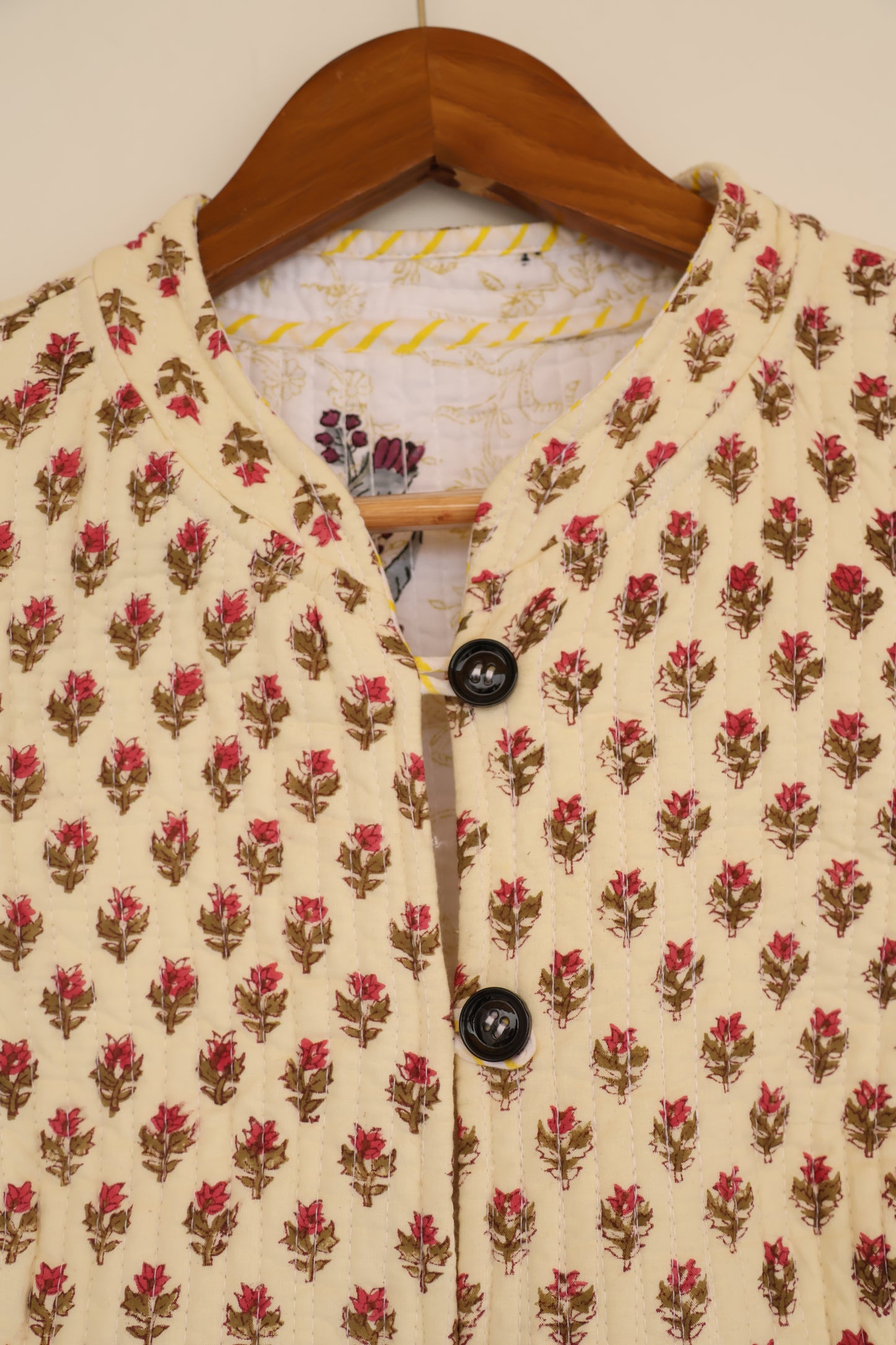Handblock Printed Cotton Quilted Jacket – Cream with Floral Motif