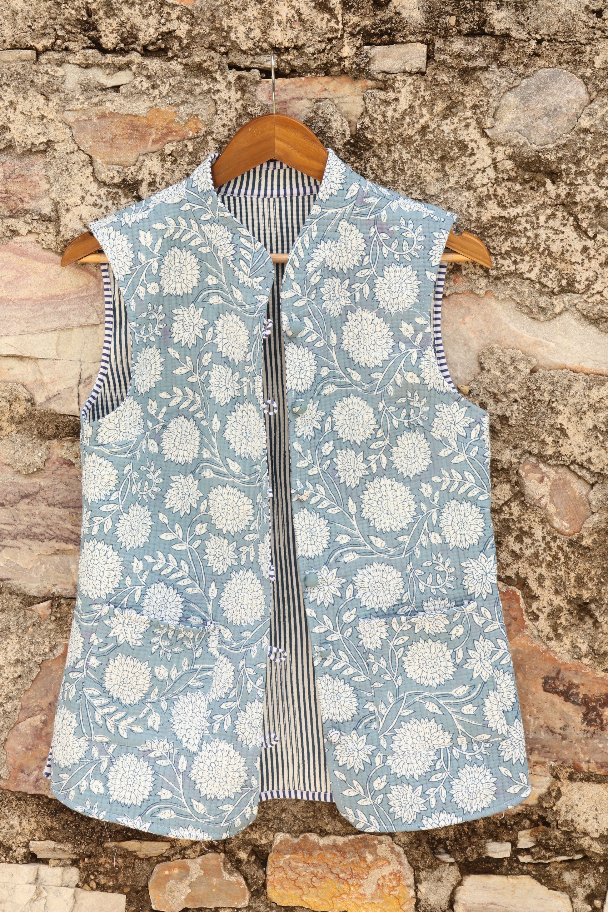 Hand Block Printed Floral Cotton Quilted Jacket – Sky Blue - Bohoblockprinted