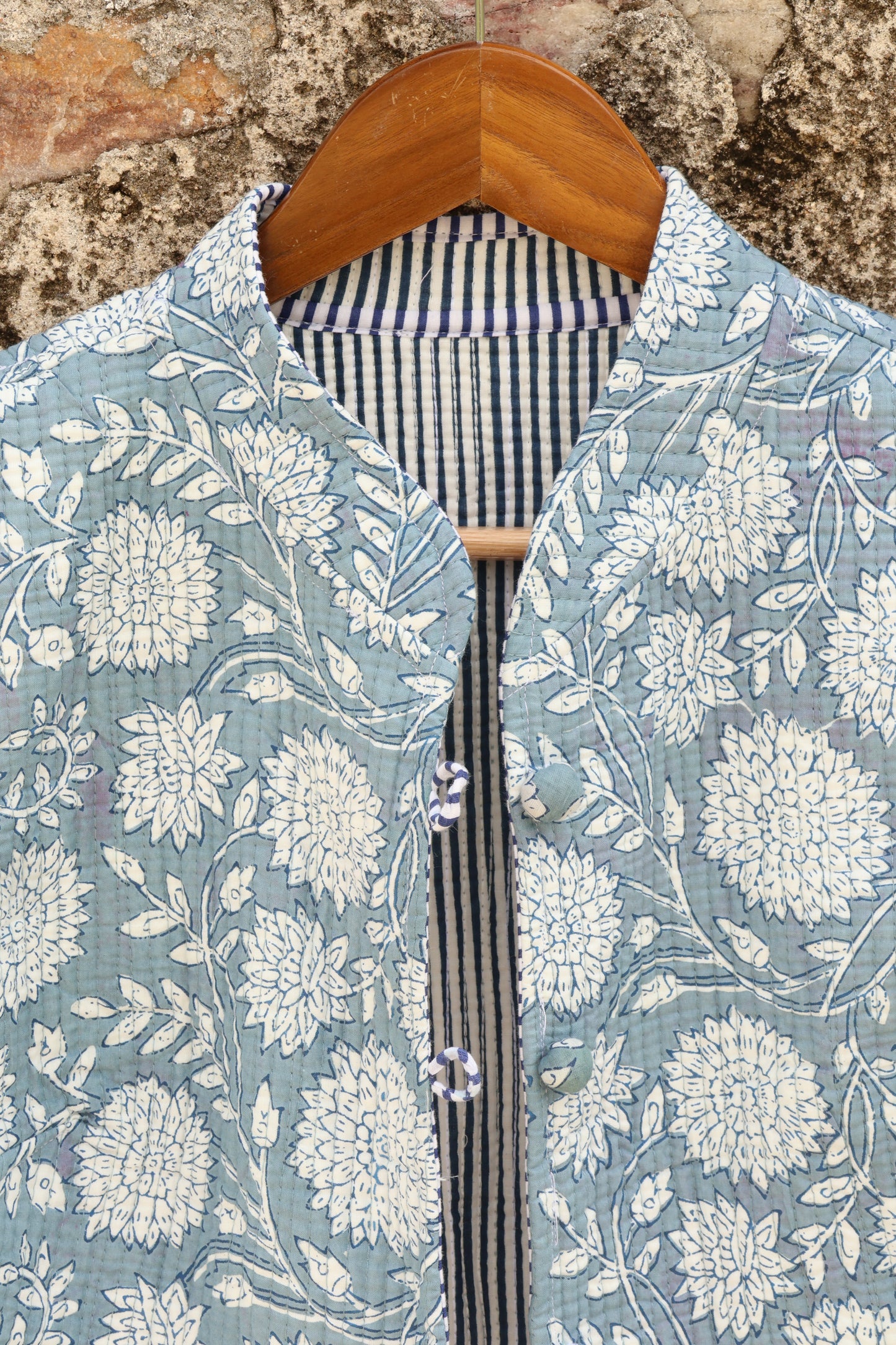 Hand Block Printed Floral Cotton Quilted Jacket – Sky Blue - Bohoblockprinted