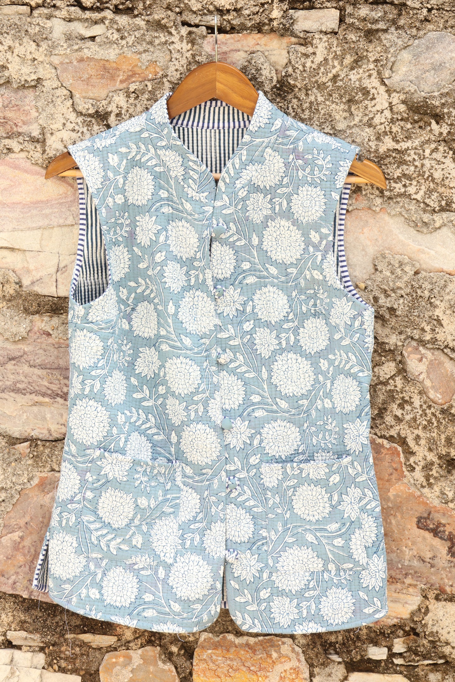 Hand Block Printed Floral Cotton Quilted Jacket – Sky Blue - Bohoblockprinted