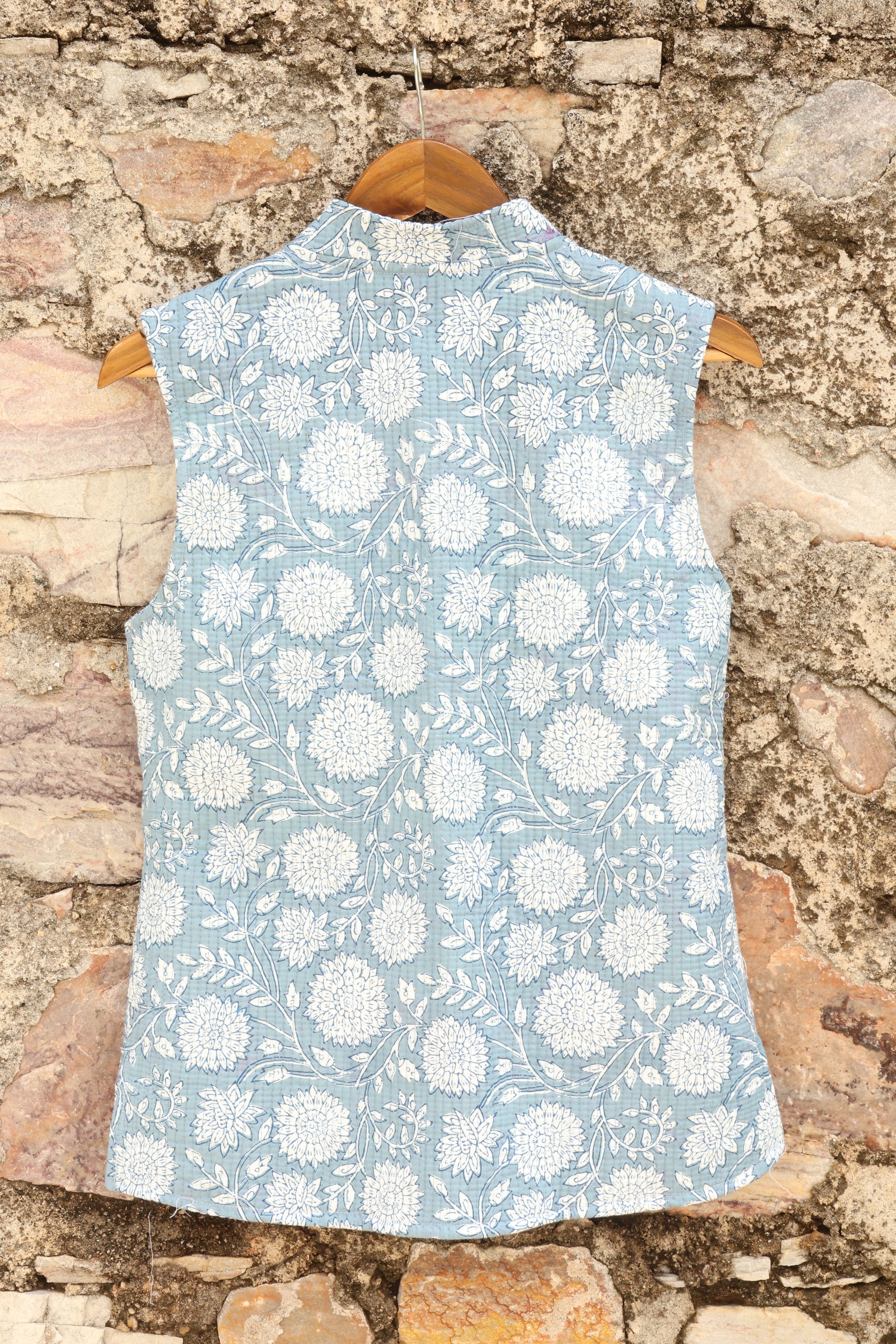 Hand Block Printed Floral Cotton Quilted Jacket – Sky Blue - Bohoblockprinted