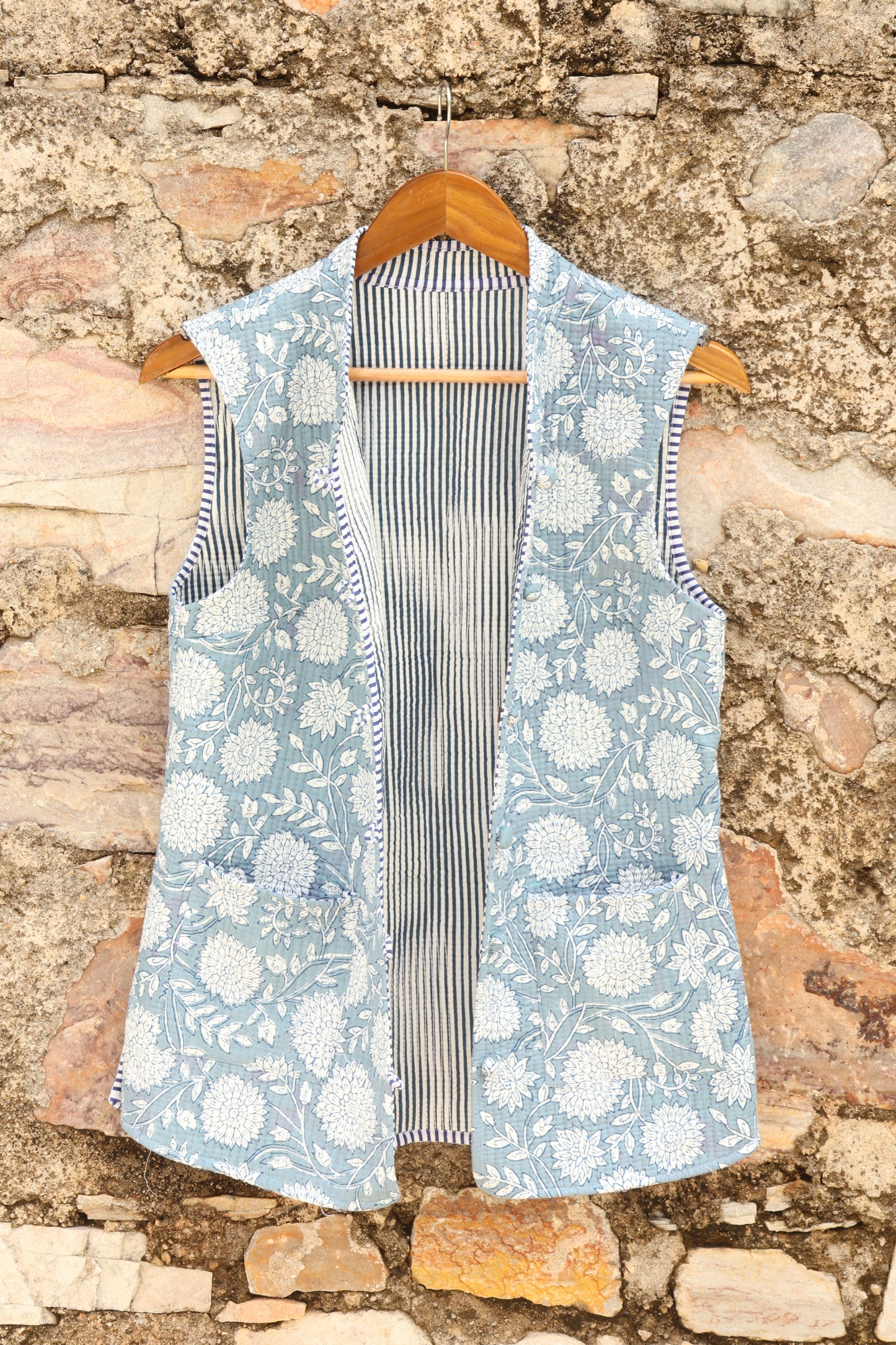 Hand Block Printed Floral Cotton Quilted Jacket – Sky Blue - Bohoblockprinted