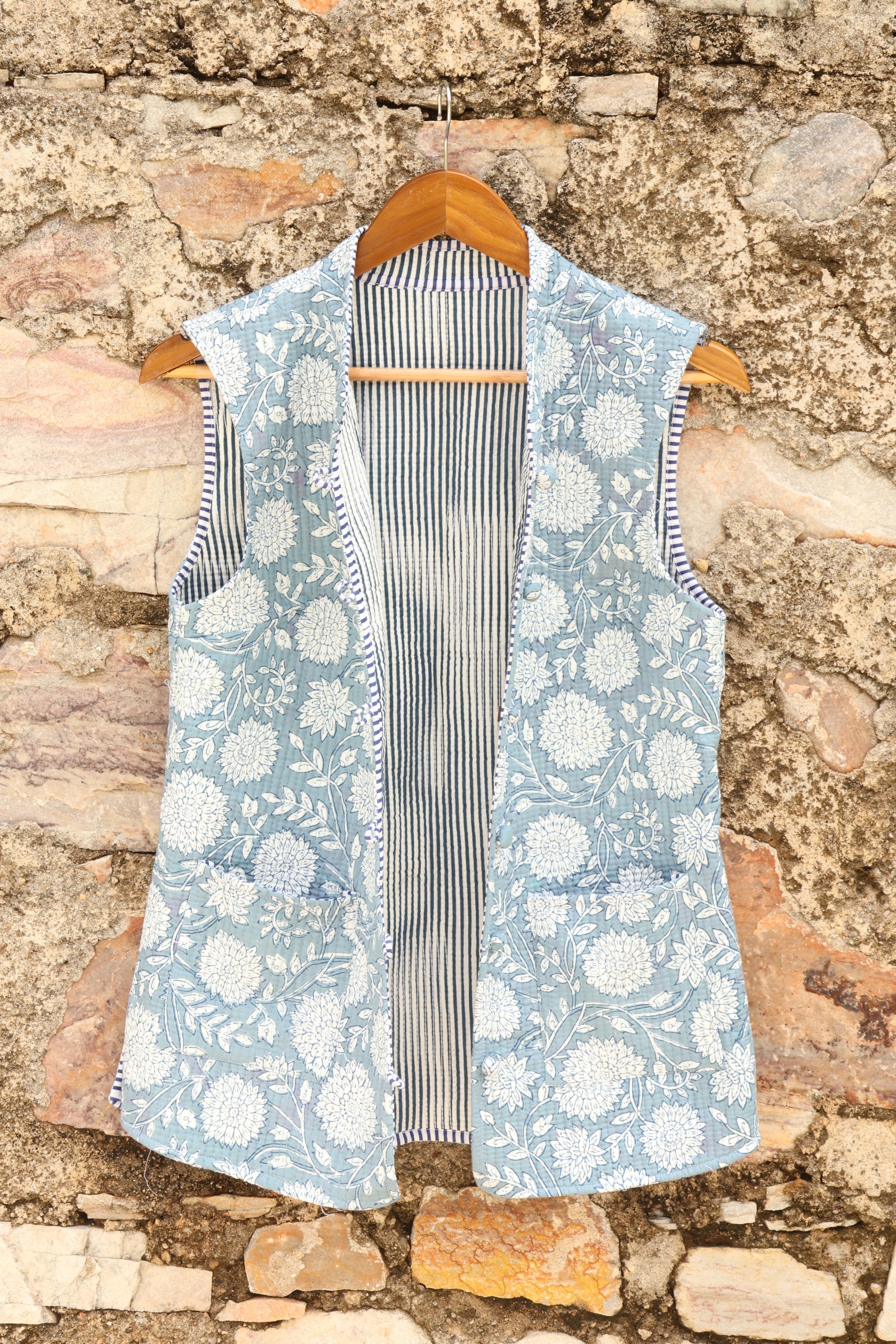 Hand Block Printed Floral Cotton Quilted Jacket – Sky Blue - Bohoblockprinted