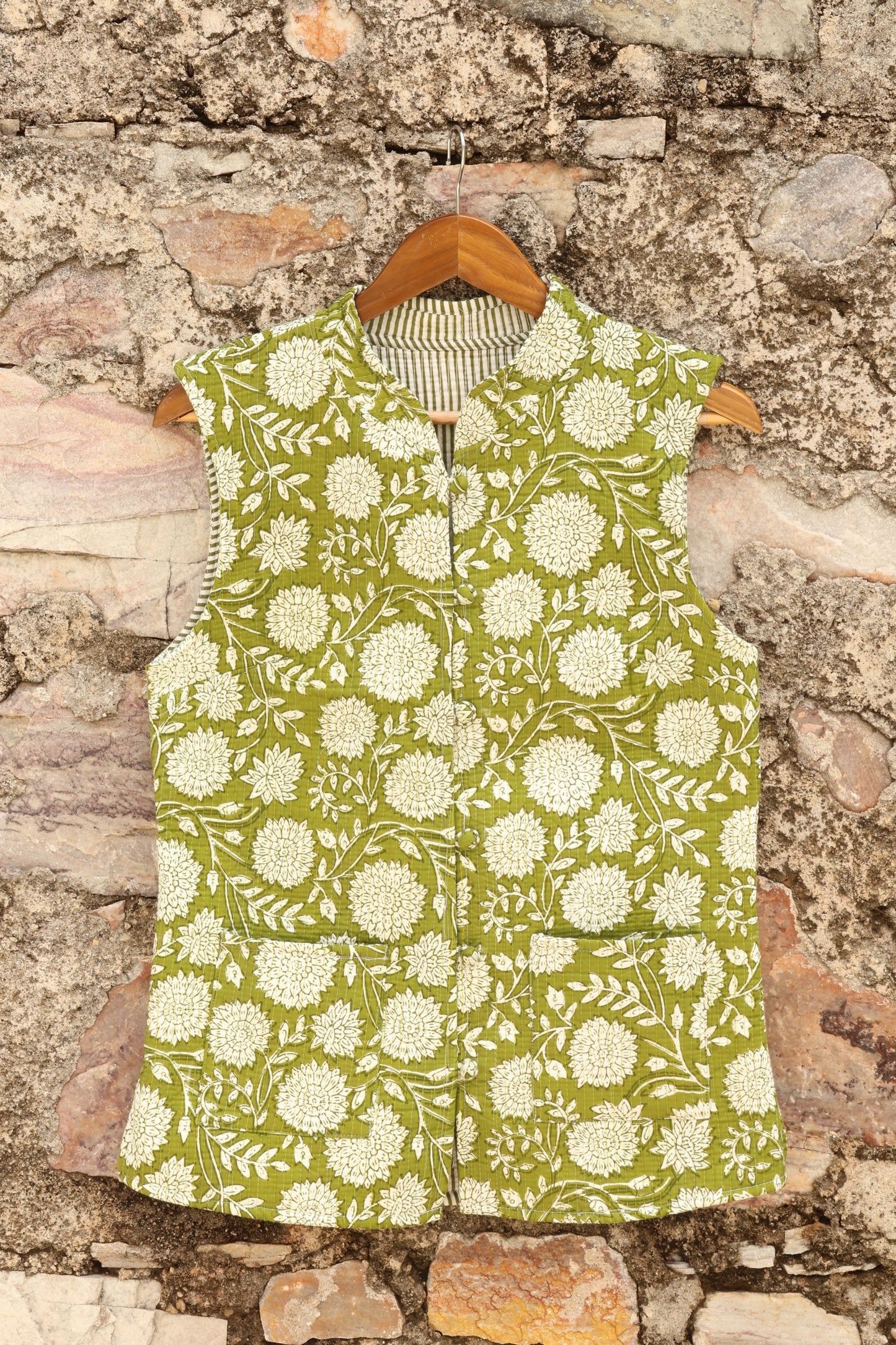 Hand Block Printed Floral Cotton Quilted Jacket- Green & White - Bohoblockprinted