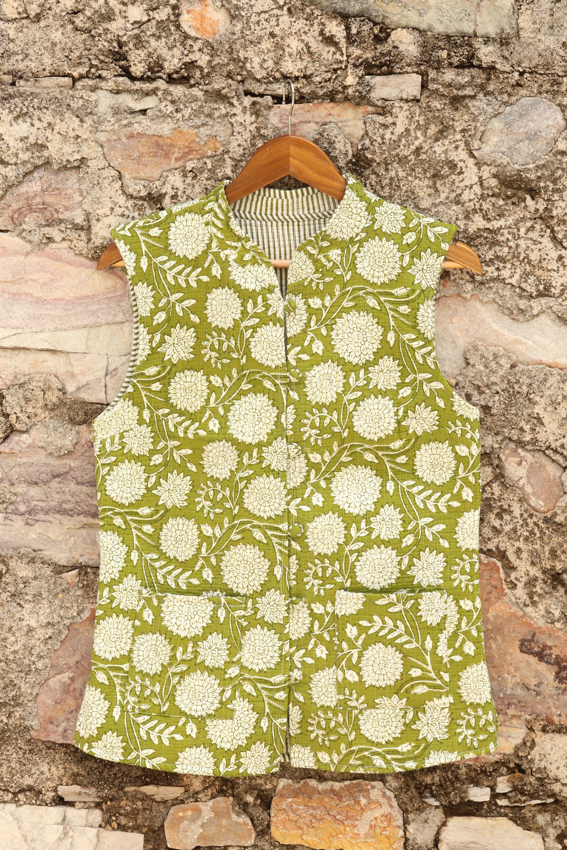 Hand Block Printed Floral Cotton Quilted Jacket- Green & White - Bohoblockprinted