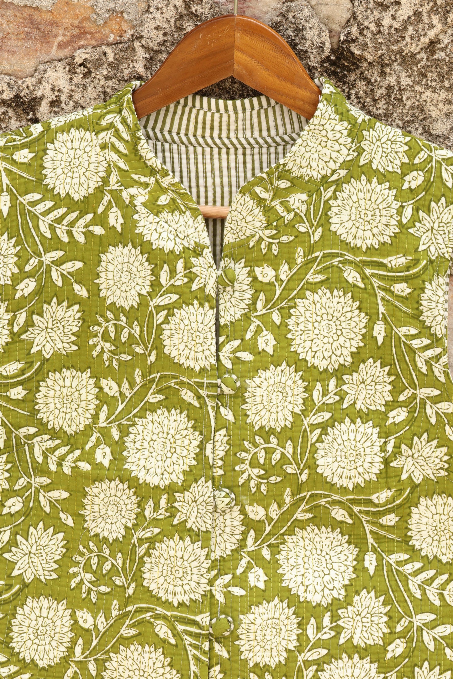 Hand Block Printed Floral Cotton Quilted Jacket- Green & White - Bohoblockprinted